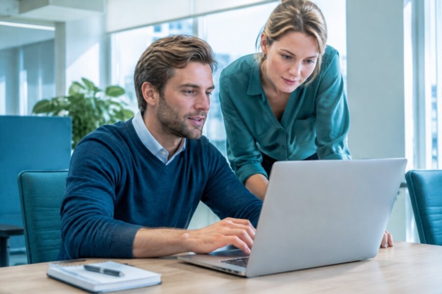 Medewerker en collega bespreken een werkproces op de laptop