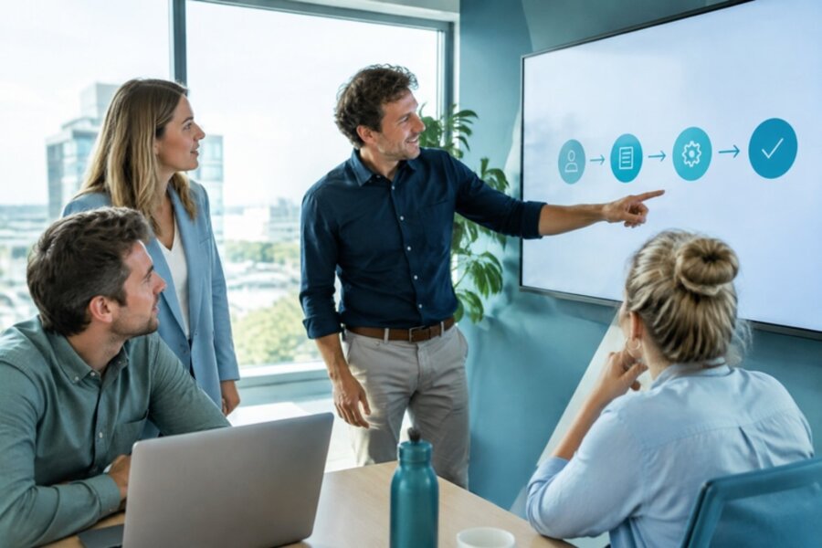 Salesteam bespreekt een procesoverzicht op een groot scherm