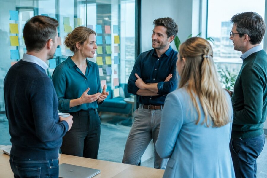 Salesteam in een staand overleg